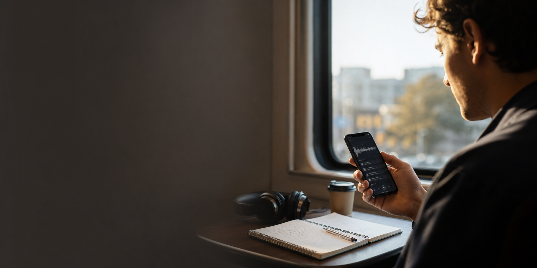 A learner studying English with podcasts on an iPhone.