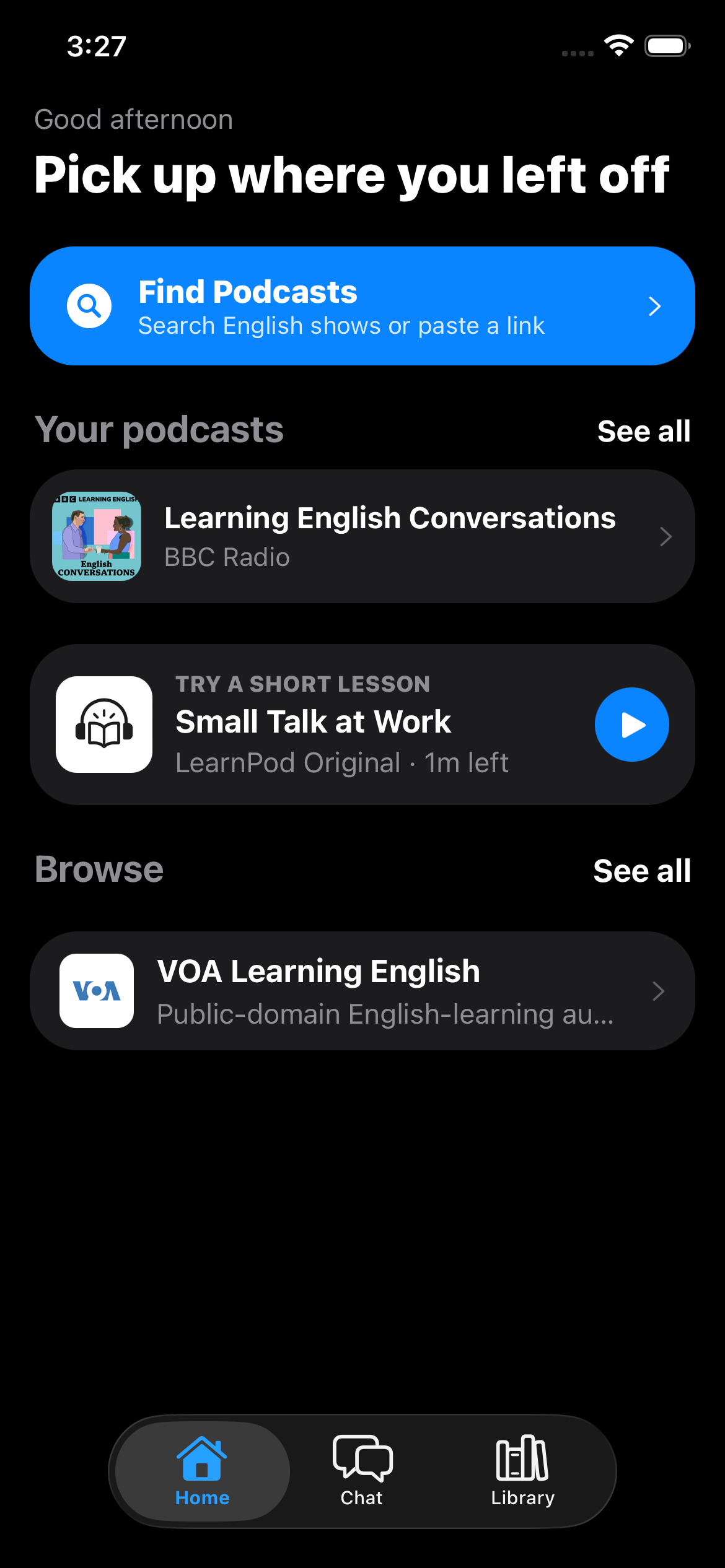 LearnPod home screen on iPhone showing English-learning podcast episodes