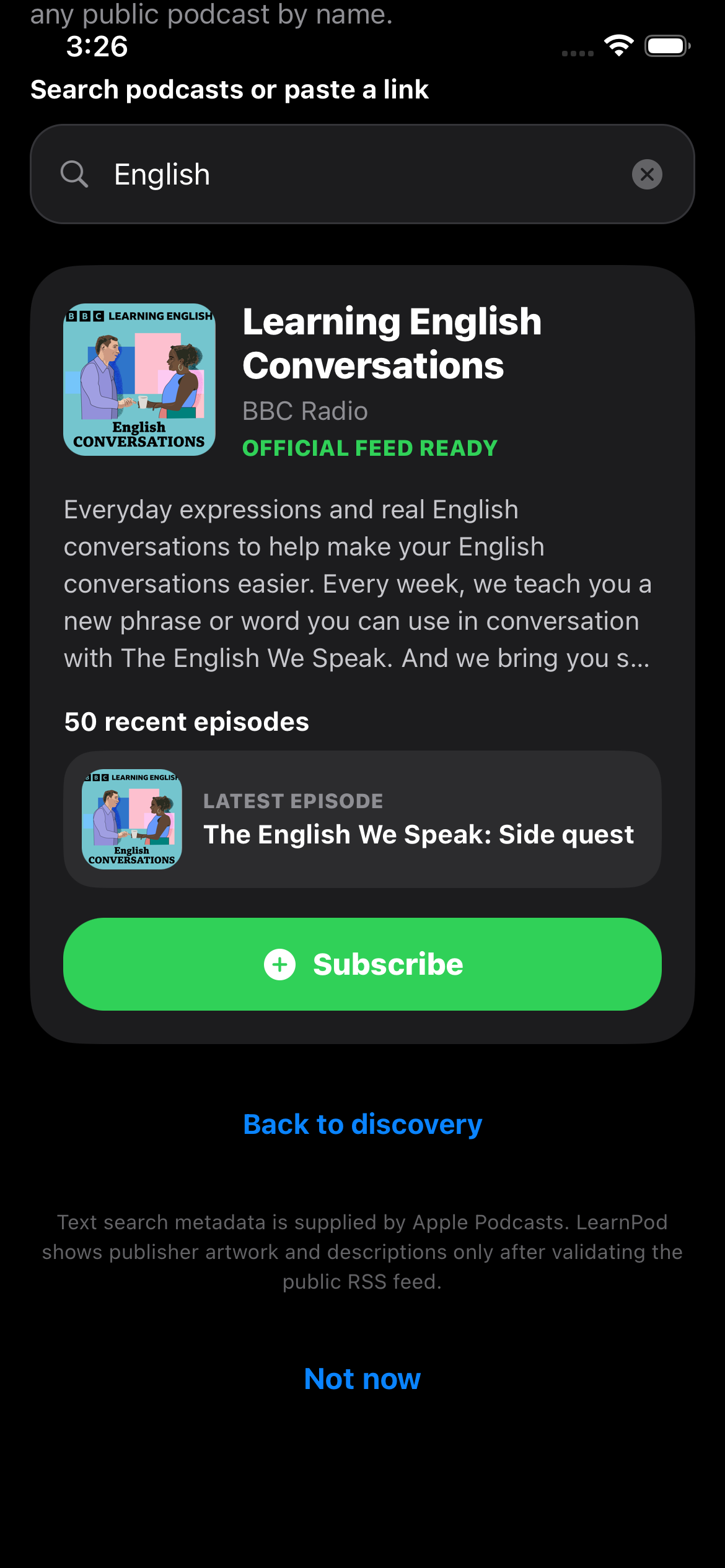 LearnPod screen for previewing and subscribing to a podcast RSS feed