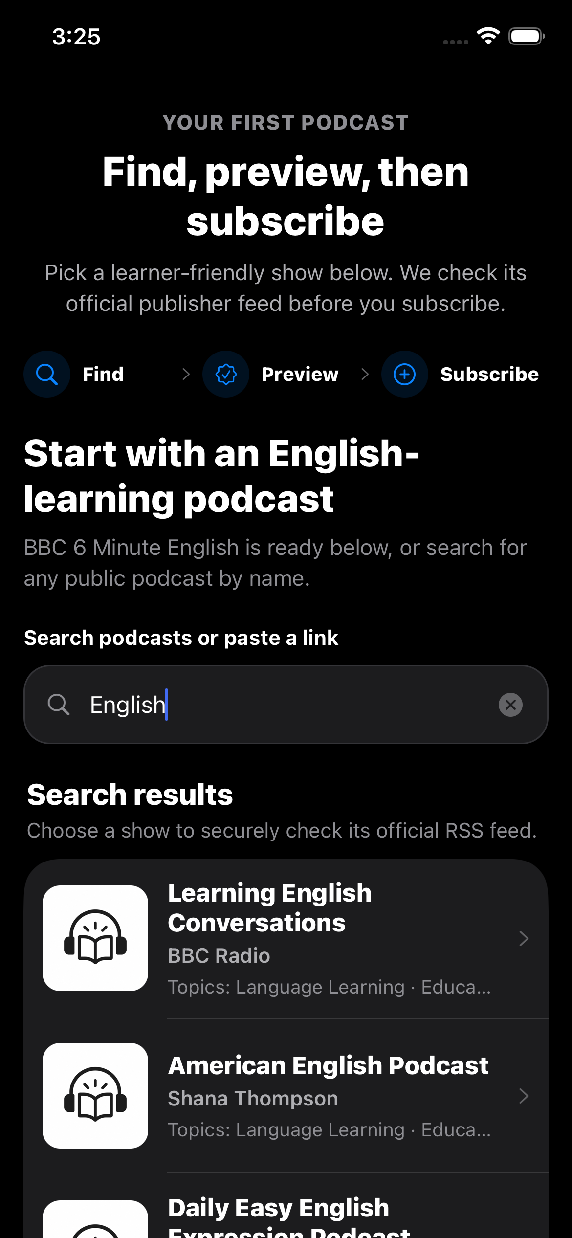 LearnPod podcast search screen on iPhone